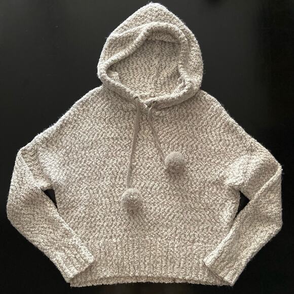 YET AGAIN Soft White/Gray Hooded Cropped Pullover Sweater w/PomPom sz Large - Picture 1 of 10